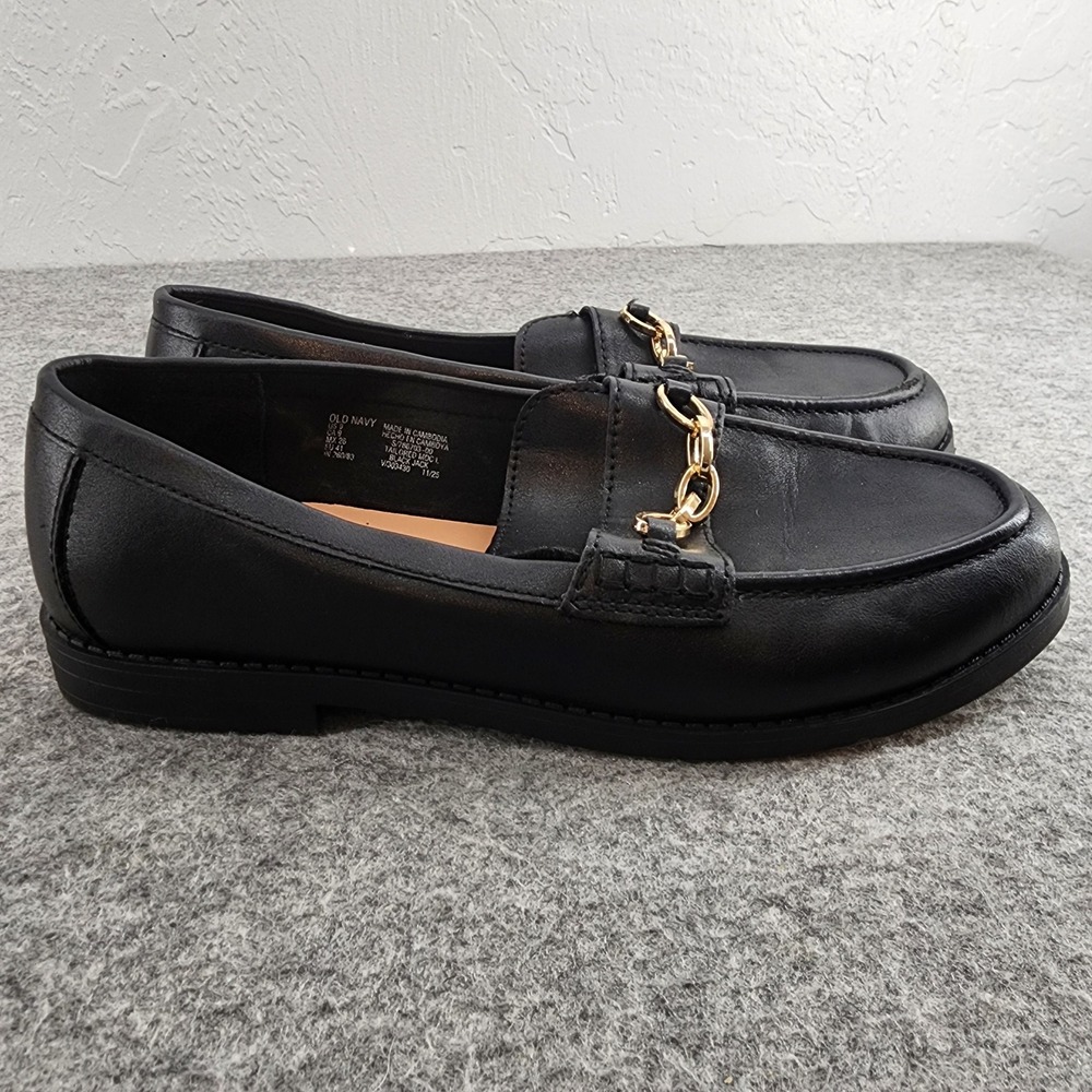 Old Navy Tailored Moccasin Loafers Black Gold Chain Link Womens Size 9 Flats